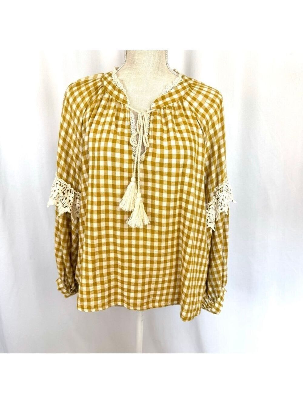 Everleigh Top Women's M Yellow & White Checkered Long Sleeve Cottagecore